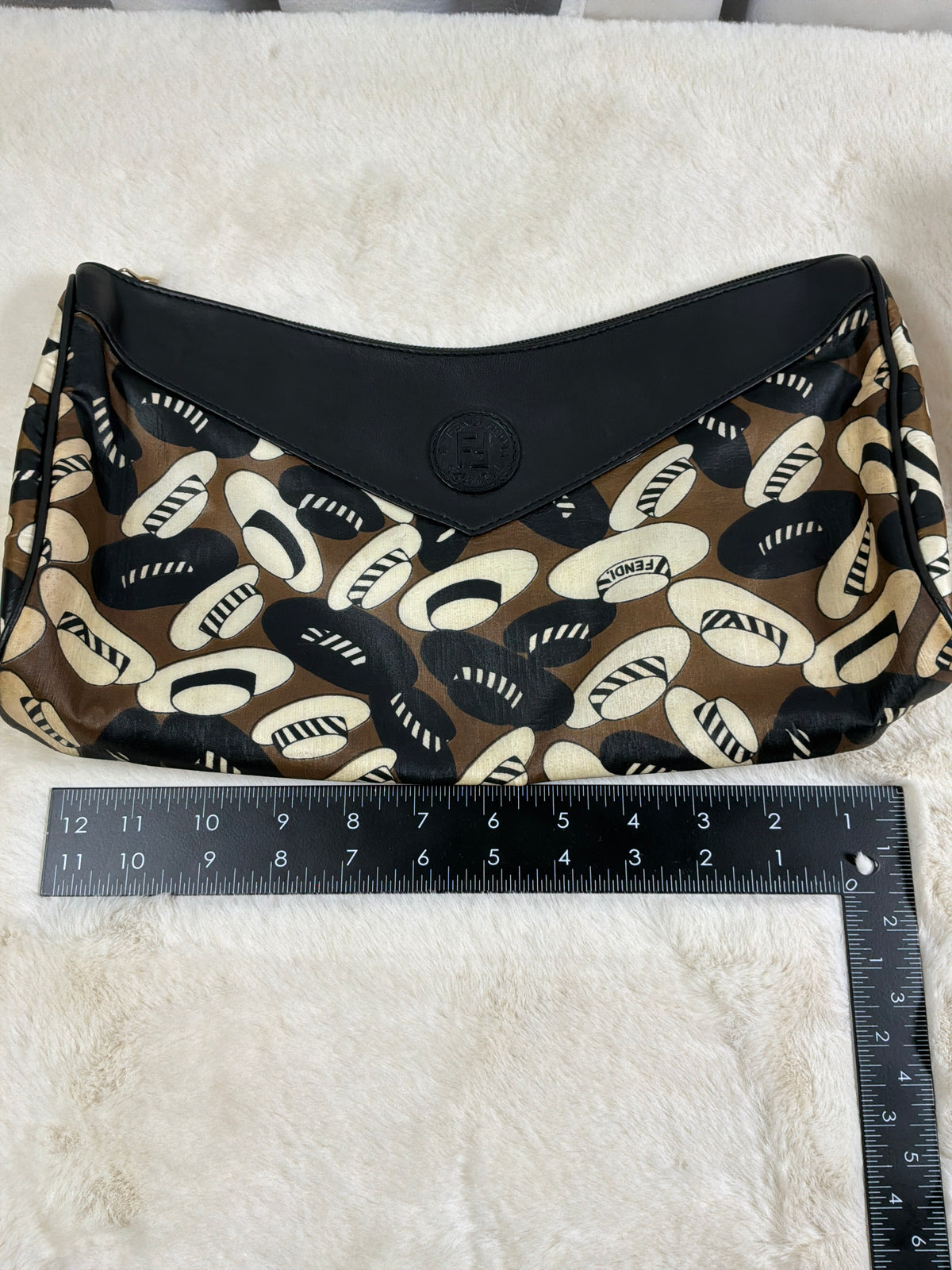 Fendi Vintage Black Leather & Abstract Print Canvas Clutch