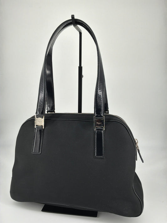 Salvatore Ferragamo Logo Plate Nylon & Leather Shoulder Tote Bag – Black