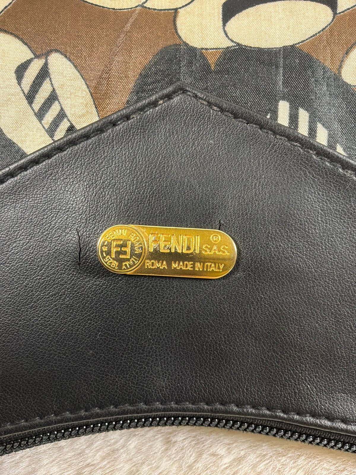 Fendi Vintage Black Leather & Abstract Print Canvas Clutch