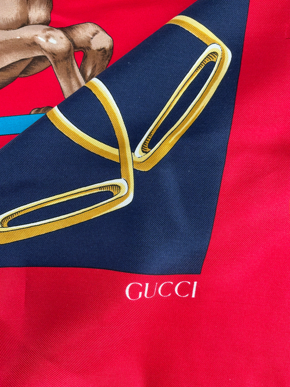 Gucci Vintage Equestrian Horse and Jockey Printed Silk Scarf – Red & Navy