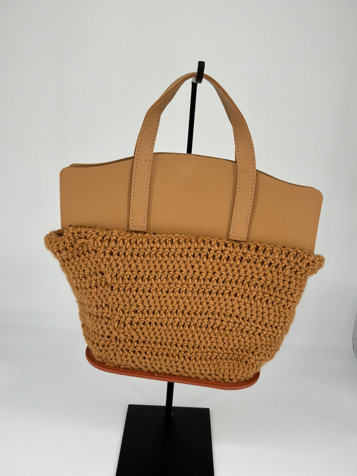 House of Melton Artisan Handmade Crocheted Yarn Tote Bag – Natural Tan & Black