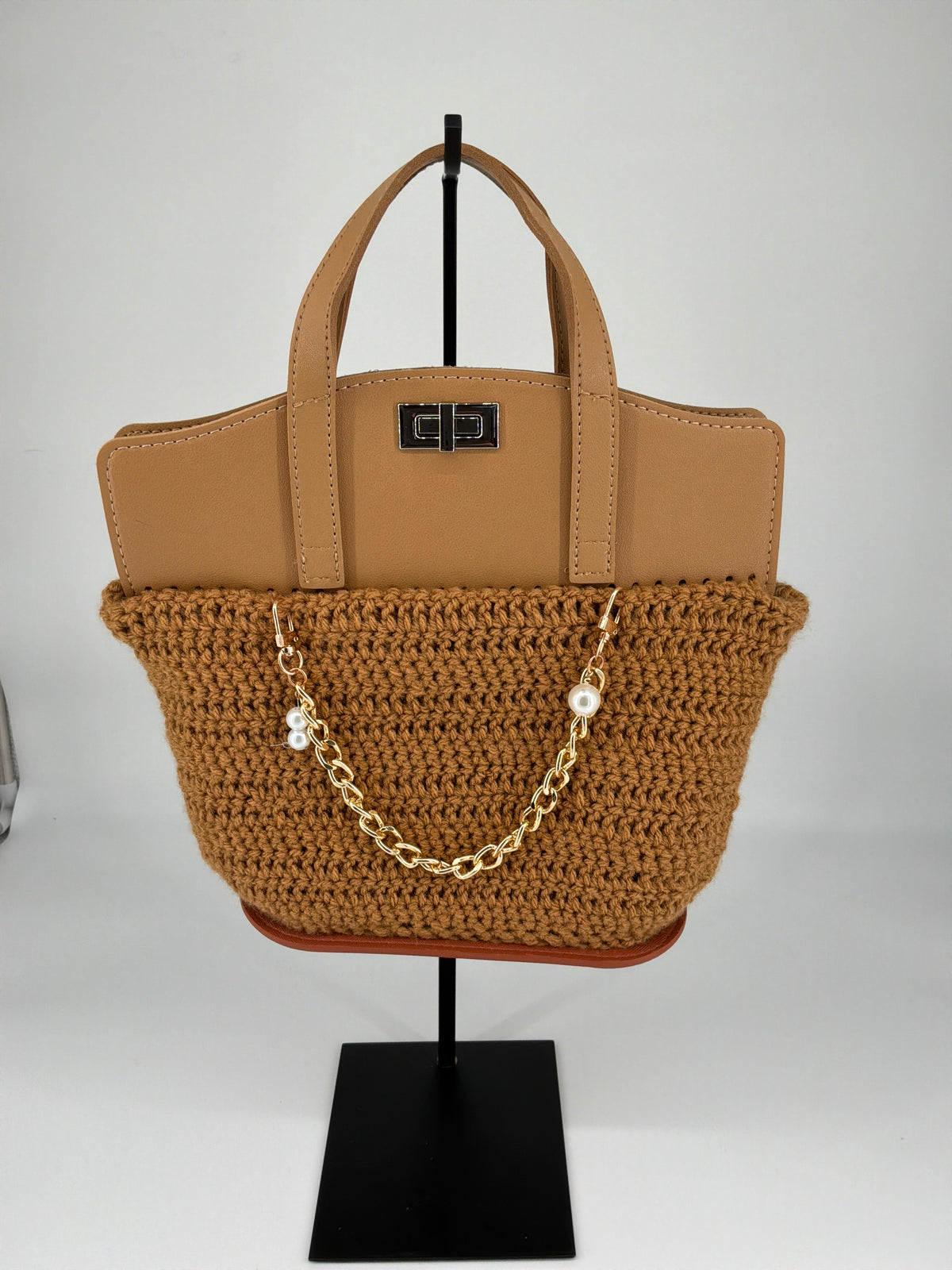 House of Melton Artisan Handmade Crocheted Yarn Tote Bag – Natural Tan & Black