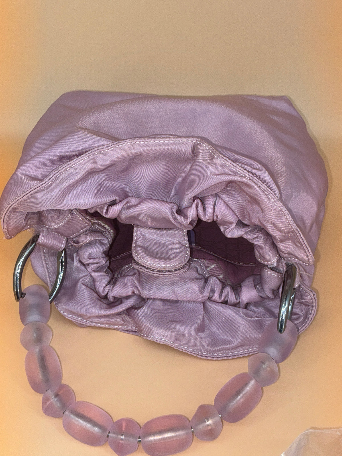 Christian Dior Mini Pouch Bag – Vintage Blush Pink Satin with Resin Beaded Handle