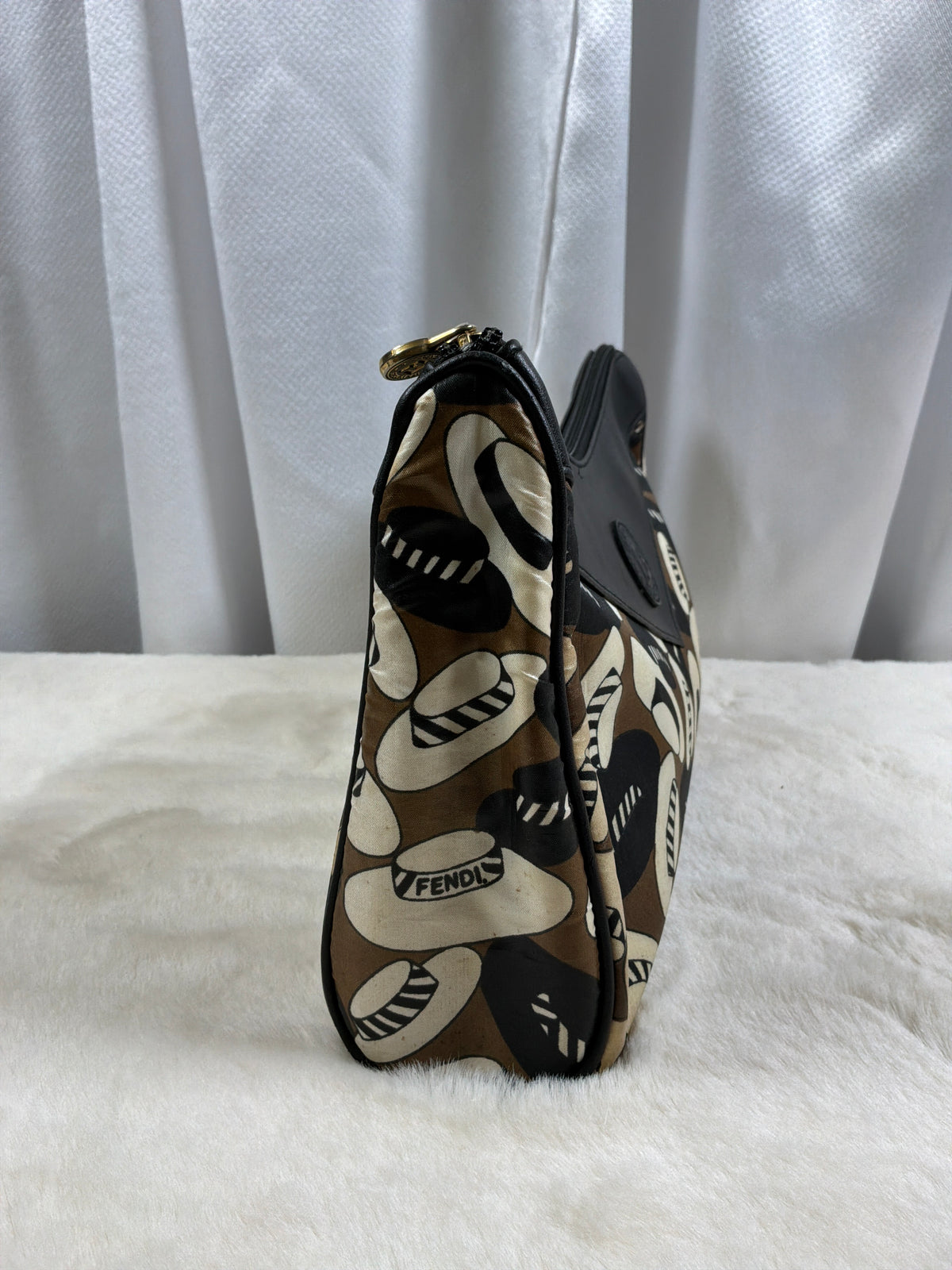 Fendi Vintage Black Leather & Abstract Print Canvas Clutch
