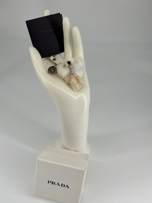 Prada Teddy Bear Leather & Fur Bag Charm – Cream & Black