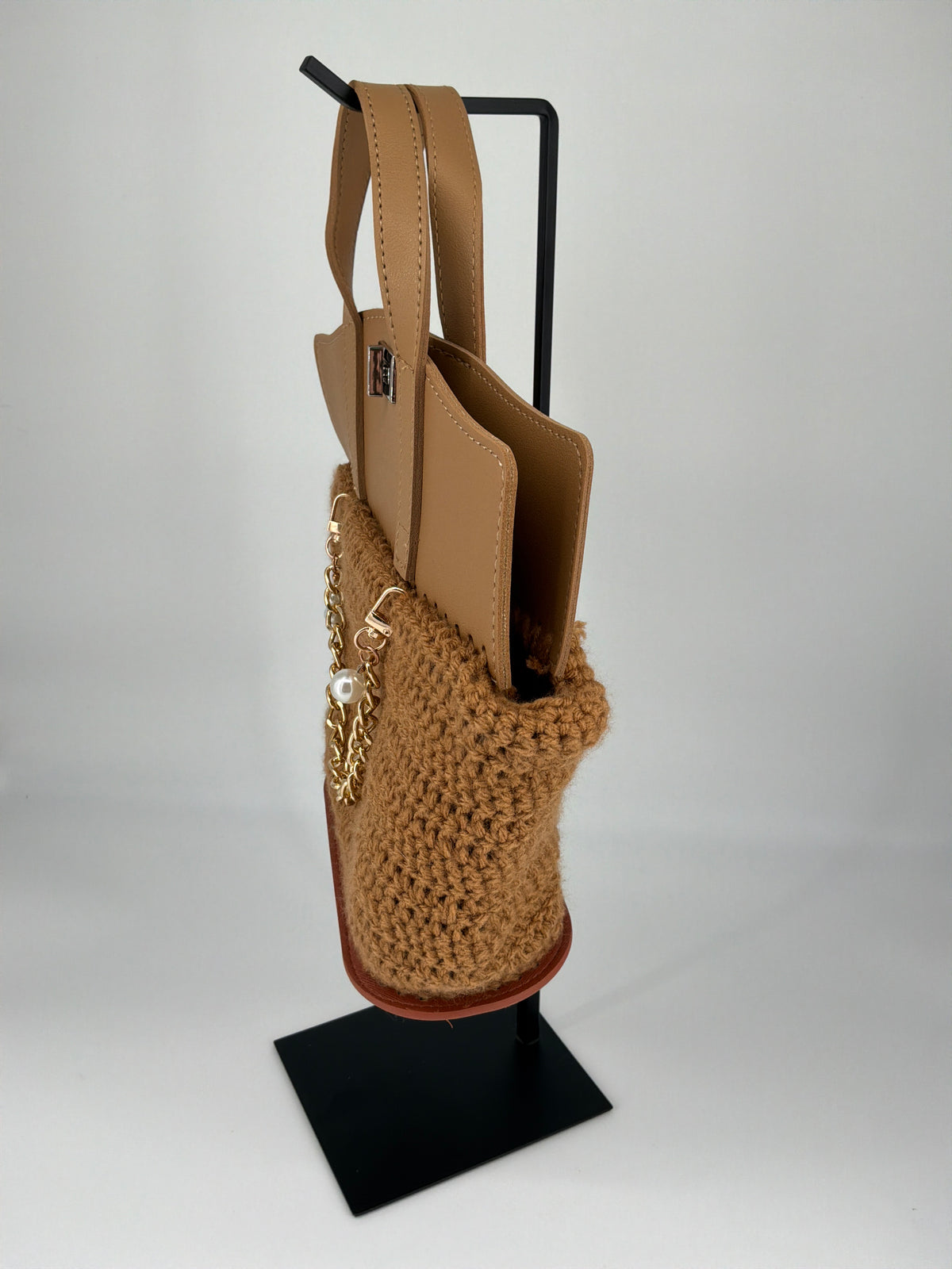 House of Melton Artisan Handmade Crocheted Yarn Tote Bag – Natural Tan & Black