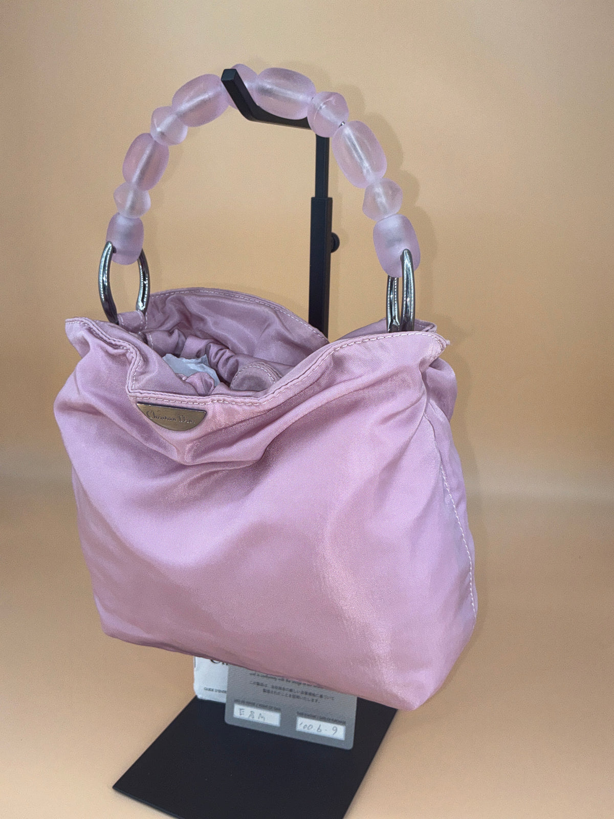 Christian Dior Mini Pouch Bag – Vintage Blush Pink Satin with Resin Beaded Handle