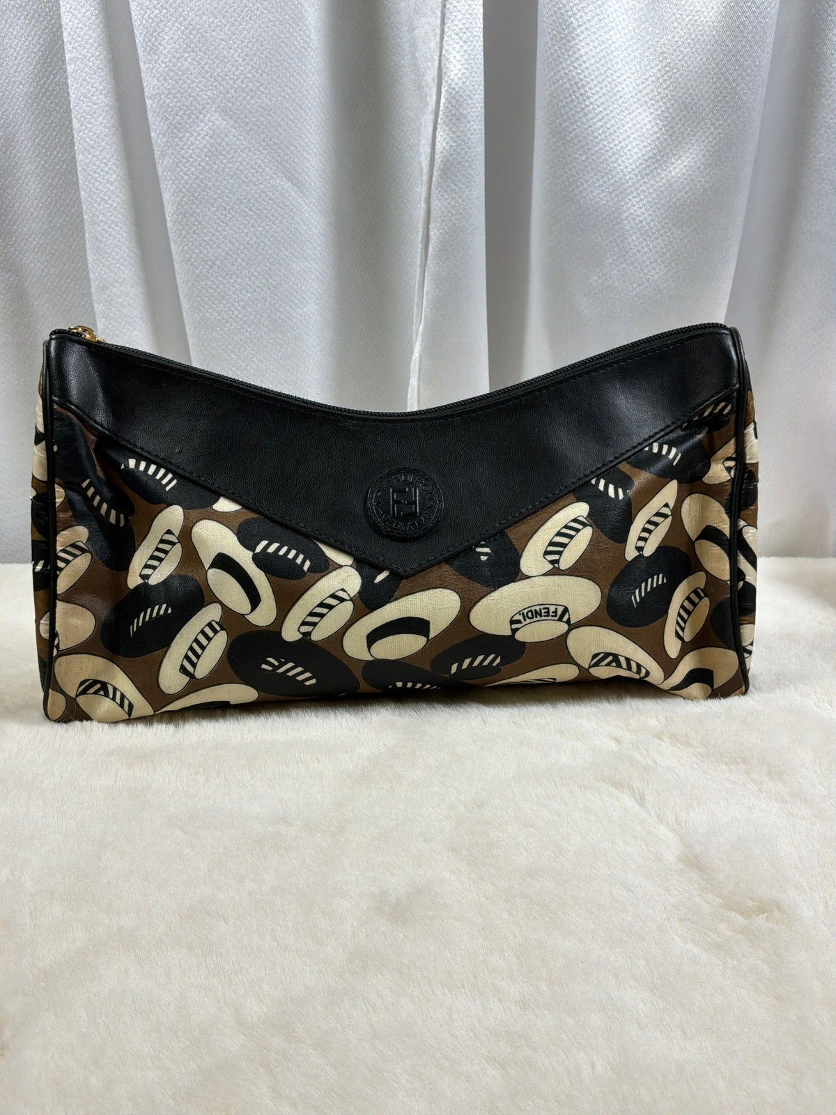 Fendi Vintage Black Leather & Abstract Print Canvas Clutch