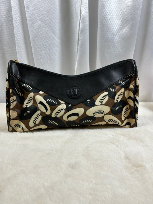 Fendi Vintage Black Leather & Abstract Print Canvas Clutch