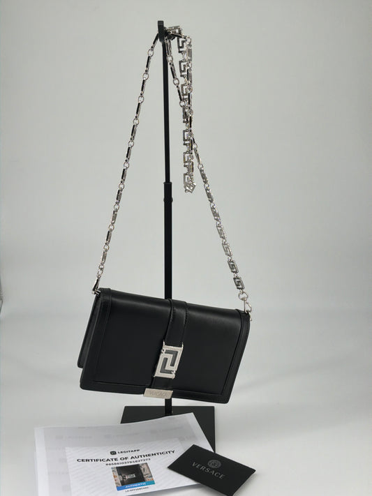 Versace Greca Goddess Chain Flap Shoulder Bag – Black Leather