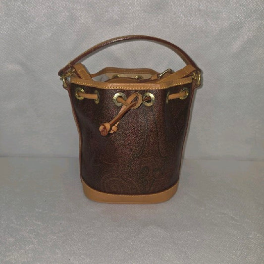 Etro Paisley print bucket bag, brown leather