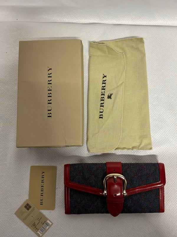 Burberry Haymarket Check Continental Wallet Red Leather Trim – Excellent